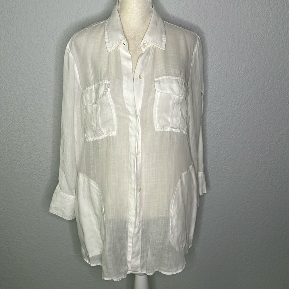 Theory Women’s White Long Sleeve Button Front Shirt Tunic Swimsuit Coverup Large